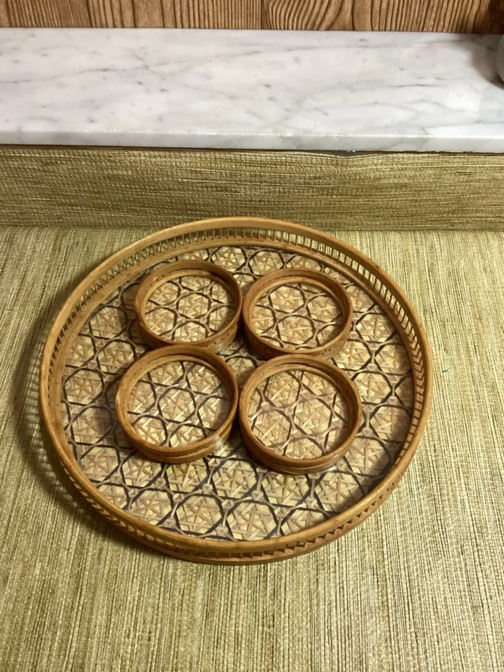 Woven Rattan Serving Tray Set Star of David Pattern Matching Coasters